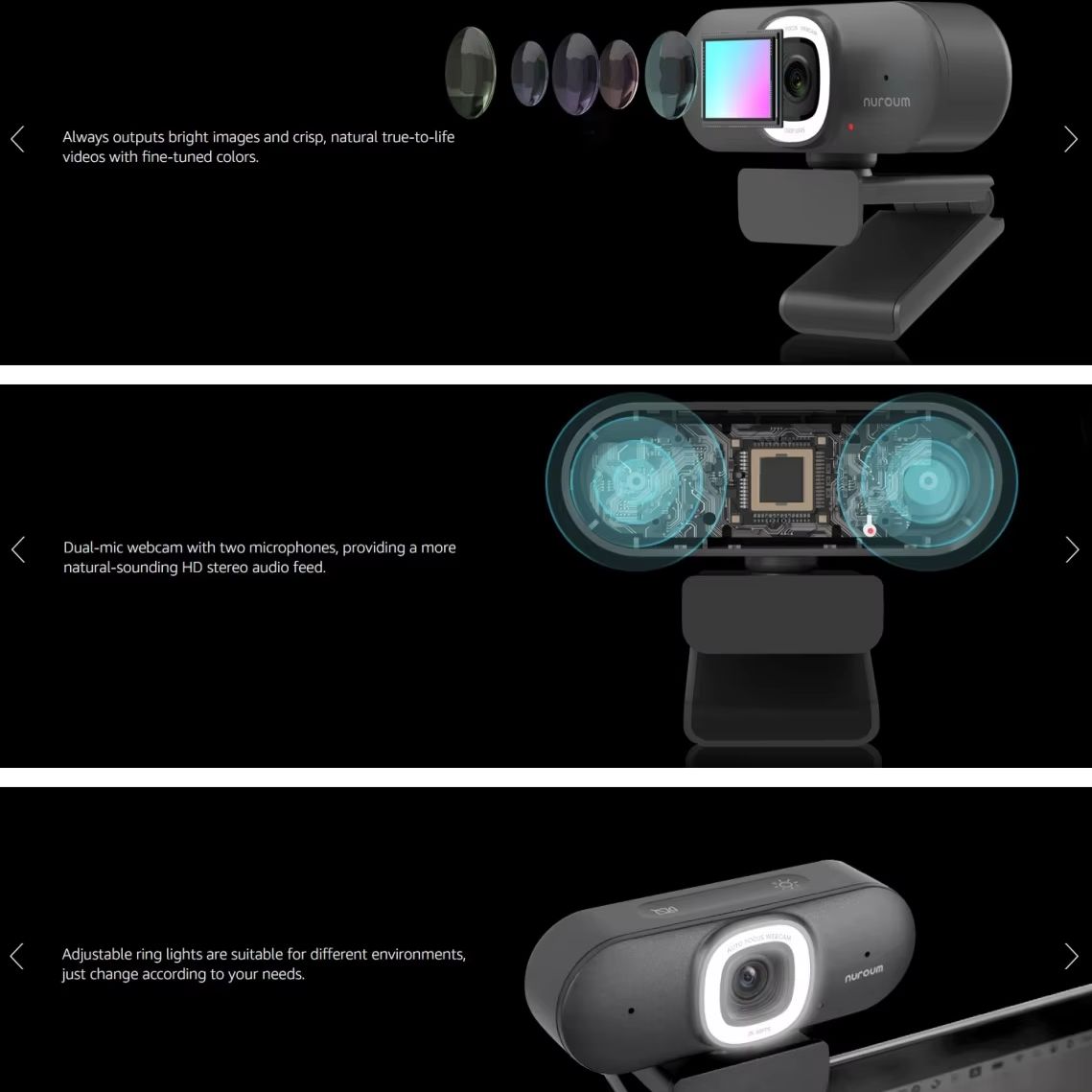 NUROUM 2K Auto Focus Webcam wi - огляд і ціна Webcam Ring Light